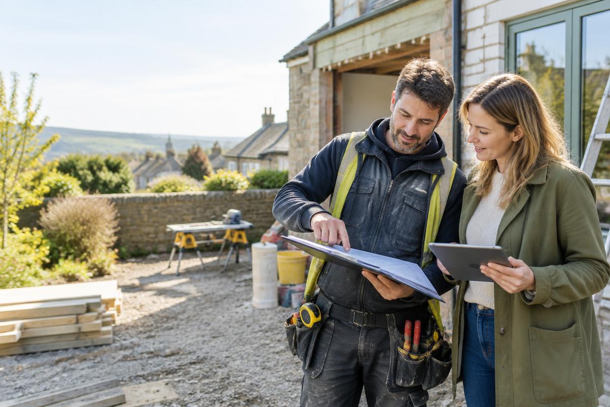 A building contractor reviewing renovation plans with a client on site.